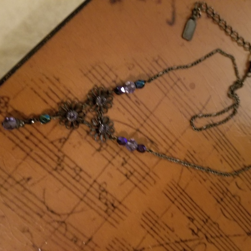 Necklace, Deep Purple Flowers with Beads.